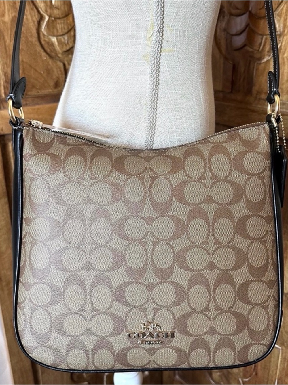Coach Tan Signature Canvas Crossbody Bag with Black Trim